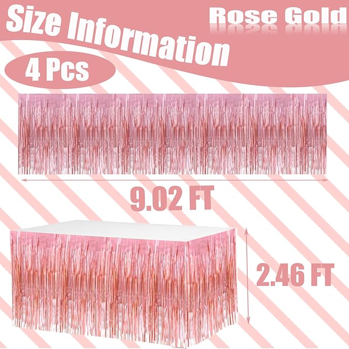 4 Pack 29x108 Inch Metallic Foil Fringe Tinsel Table Skirts for Rectangle Tables Streamer Backdrop for Wedding, Birthday, Parade Floats, Christmas, Halloween Party Decoration(New Rose Gold)