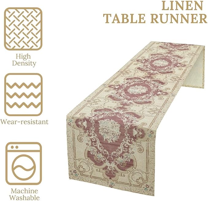 Boho Bohemia Table Runner, Vintage Blue Gold Retro Flower Rustic Country Floral Printed Pattern for Home Kitchen Table Decor Dining Coffee Room Garden Party Wedding Decor 13x60in