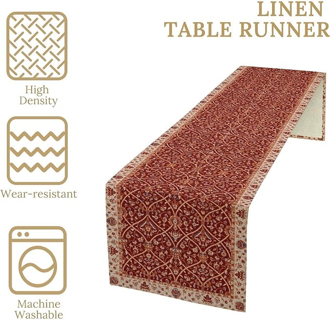 Boho Floral Vintage Table Runner, Red Retro Flower Rustic Country Farmhouse Abstract Pattern for Home Kitchen Table Decor Dining Coffee Room Party Decor 13x60in