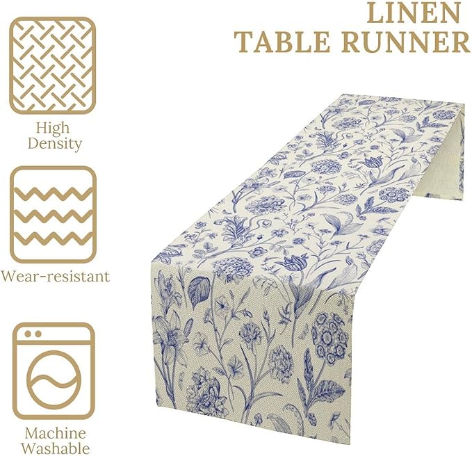 Monochrome Sketch Flowers Table Runner, Seasonal Spring Fall Plants Blue Florals Dinner Runner for Home Kitchen Dining Table Party Holiday Decoration 13"x120"