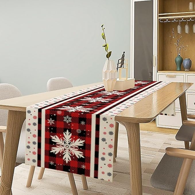 Snowflakes Christmas Table Runner,Red Buffalo Plaid Seasonal Winter Kitchen Dining Table Decoration for Home Party Decor 13x70 Inch