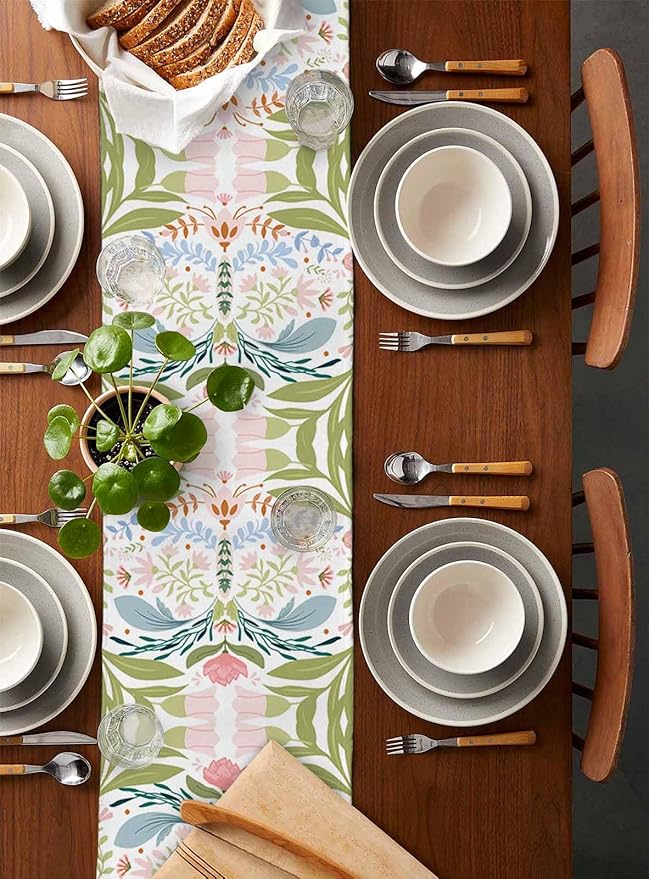 Green Blue Pink Boho Floral Cotton Linen Table Runner for Dining Kitchen, Wedding Outdoor Party Tablerunners Decoration, Retro Bohemian Botanical Dresser Scarf Coffee Tablecloth Runners 13x120 Inches