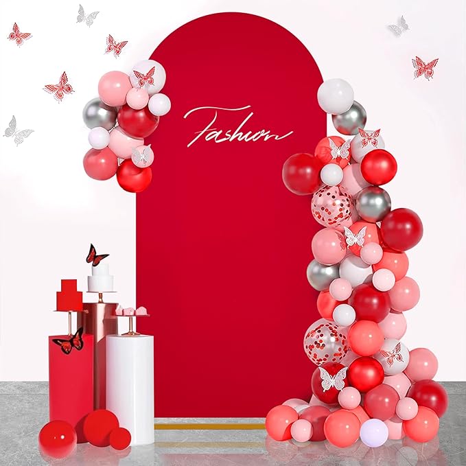 SoarDream Arch Backdrop Cover Red Spandex Fitted 5FT Wedding Arch Covers Balloon Round Top Chiara Arch Backdrop Fabric for Bridal Shower Wedding Birthday Party Stage Decoations