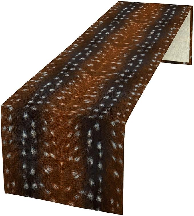 Deer Skin Table Runner Brown Fur Runner Black White Elk Deer Print Fur Western Print Cotton Linen Cottage Dinner Table Runners for Dining Room Kitchen Table Setting, 13x120 Inch