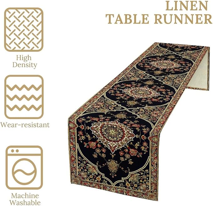 Vintage Boho Floral Table Runner, Rustic Country Farmhouse Black Bohemia Flower Pattern for Home Kitchen Table Decor Dining Cafe Room Wedding Party Decor 13x36in