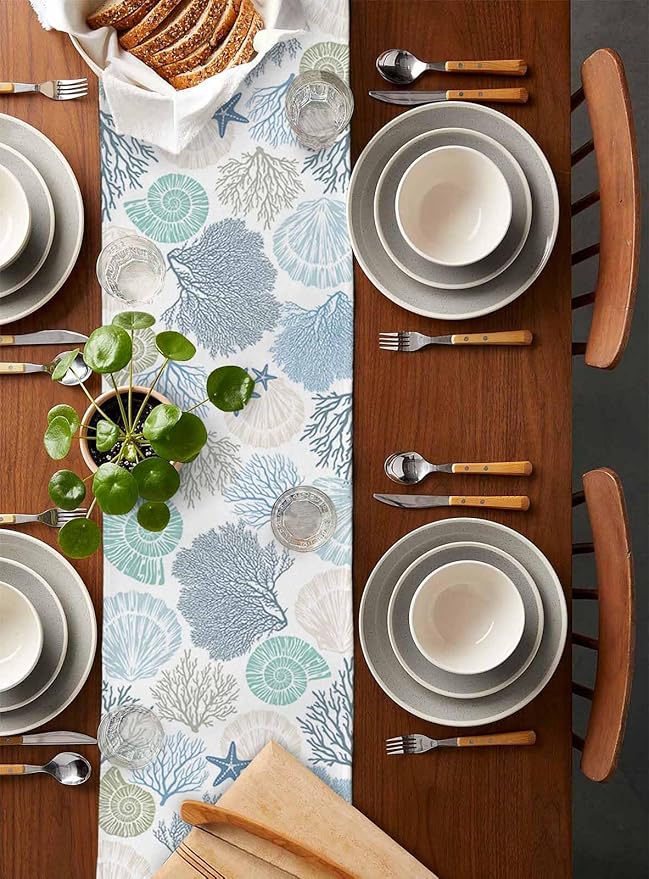 Coastal Coral Cotton Linen Table Runner for Dining Kitchen, Wedding Outdoor Party Tablerunners Decoration, Blue Nautical Starfish Ocean Shell Beach Dresser Scarf Coffee Tablecloth Runners 13''x108''