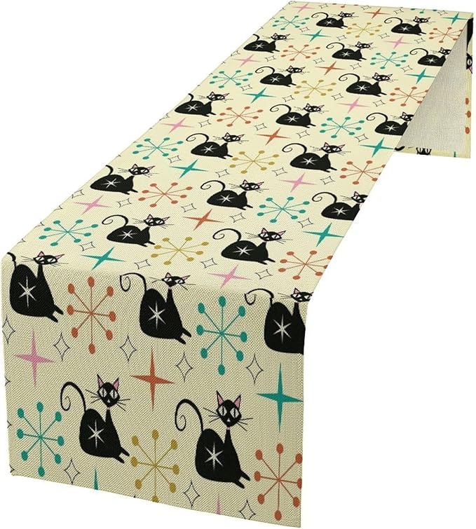 Mid Cat Table Runner, Vintage Black Cat and Atomic Stars 1950s 1960s Abstract Geometric Space Pattern Table Decoration for Home Kitchen Restaurant 13x120 Inches