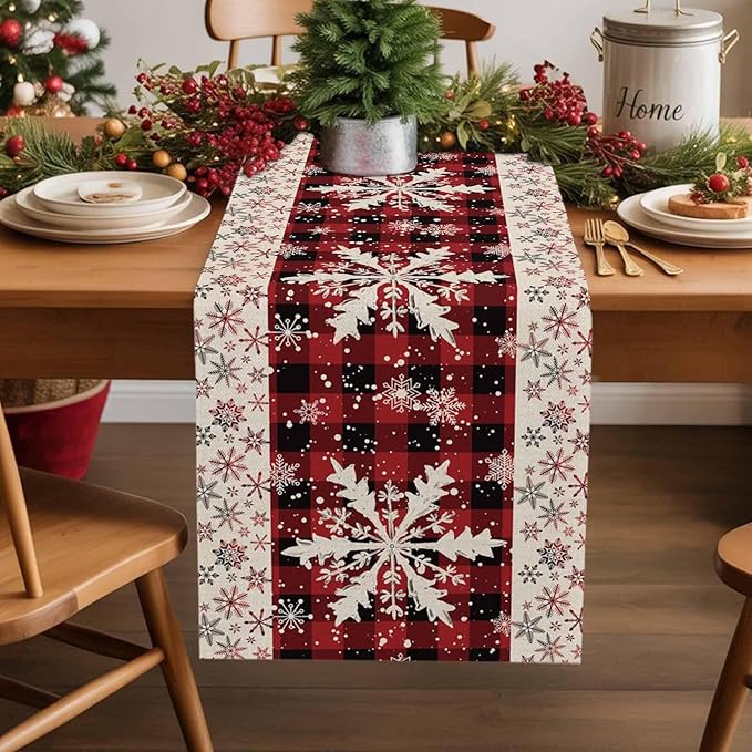 Buffalo Plaid Christmas Cotton Linen Table Runner for Dining Kitchen, Snowflake Red Black Check Wedding Outdoor Party Tablerunner Decoration, Retro Dresser Scarf Coffee Tablecloth Runners 13x60 Inches