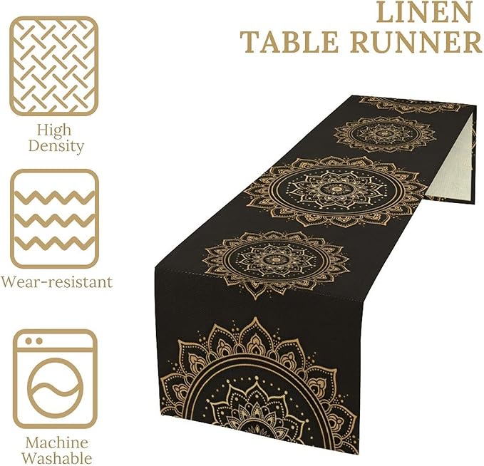 Golden Mandala Table Runner, Traditional Indian Gold Black Flower Vintage Luxury Bohemian Mandala Table Runner for Home Kitchen Dinning Table Indoor Outdoor Holiday, 13x70inch