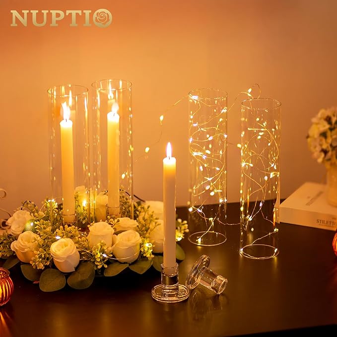 NUPTIO Taper Candle Holders Glass: Set of 10 Hurricane Candlestick Holder Bulk - Candle Stick Stand with Cylinder Sleeves for Thanksgiving Chrstmas Birthday Party Decor