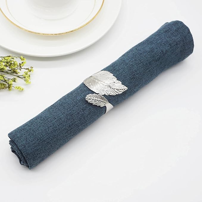 Silver Leaf Napkin Rings Set of 12, Leaves Napkin Rings for Table Setting, Metal Leaf Napkin Holder Rings for Holiday Party, Wedding, Banquet, Formal or Casual Dinning Table Decor (Silver)