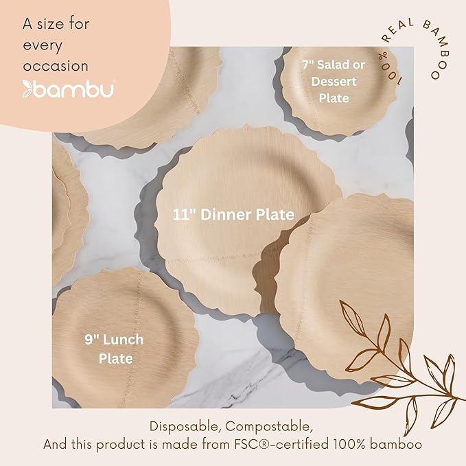 Disposable Bamboo Plates, 11 Inch Scalloped, Pack of 8