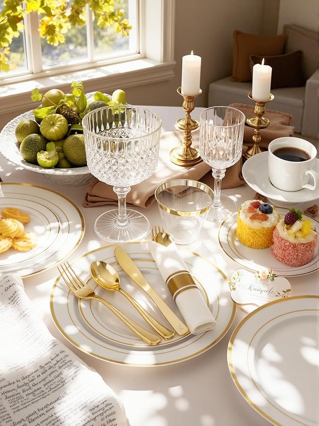 WDF 180 Pieces Disposable Plastic Gold Silverware Cutlery - Disposable Flatware Set 60 Forks, 60 Knives and 60 Spoons - Heavy Duty Gold Plastic Cutlery - Utensils for Party, Wedding, Thanksgiving