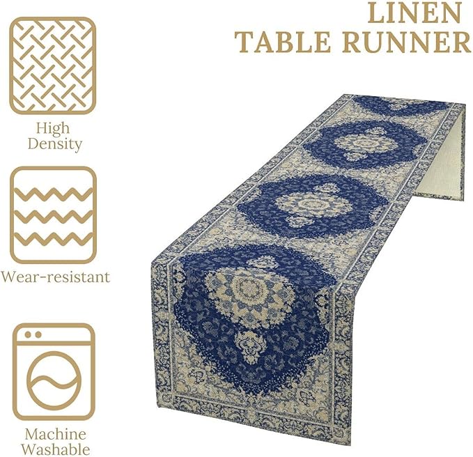 Boho Bohemia Style Dark Blue Table Runner, Country Rustic Farmhouse Magical Abstract Print Pattern for Home Kitchen Table Decor Dining Coffee Room Garden Party Decor 13x120in