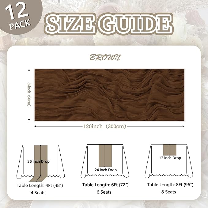 12 Pack Brown Cheesecloth Fall Table Runner 10ft Boho Gauze Fabric Cheese Cloth Table Runner 35 x 120 Inch Rustic Sheer Runner for Thanksgiving Wedding Decor Baby Shower Party Centerpiece Decoration