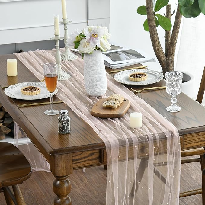 Artoid Mode Pearl Pink Gauze Table Runner 120 Inch 10FT, Seasonal Sheer Dining Holiday Wedding Birthday Baby Shower Table Decor for Home Party