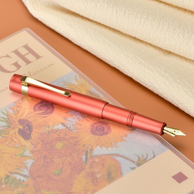 Hongdian M2 Mini Fountain Pen with Bent Nib, Sleek Shape Aluminium Short Pocket Travel Pen (Orange Red)