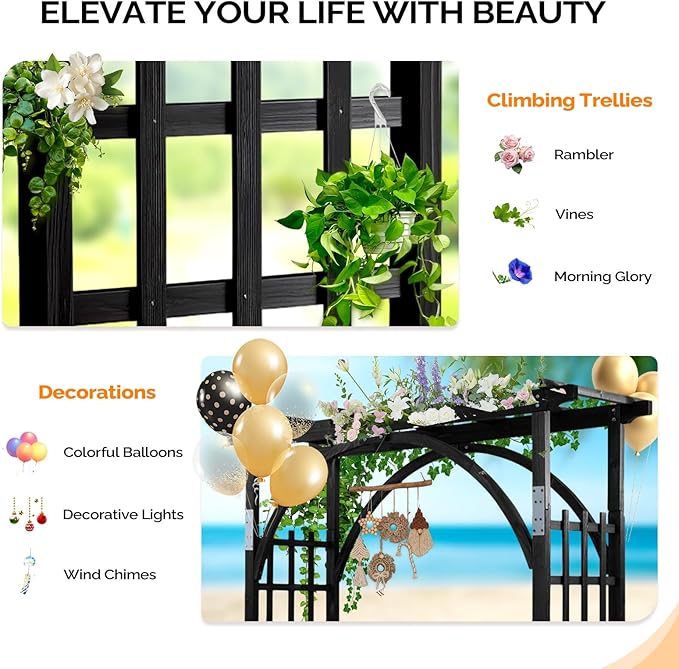 Black Wood Arbor, Classic Style Garden Arch, 63 x 85 in