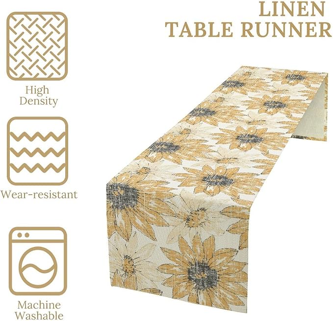 Chrysanthemum Vintage Floral Table Runner, Elegant Grunge Orange Sunflower Spring Summer Elegant Pattern Artichokes Flower Table Runner for Party Kitchen Dining Living Room Decor, 13x120 Inch