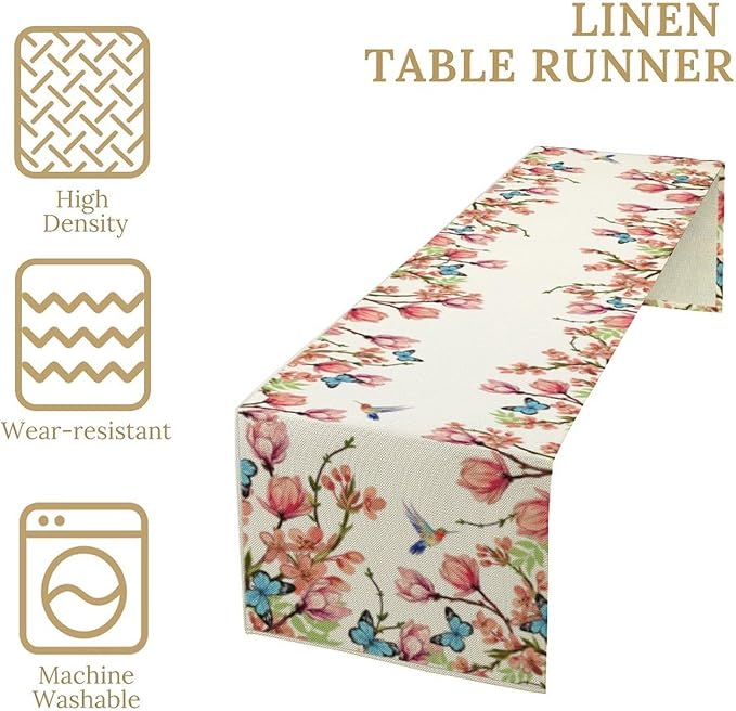Spring Floral Bird Table Runner, Watercolor Pink Flower Plants Nature Butterfly Table Runner for Kitchen Dinner Living Room Home Party, 13x90 Inch