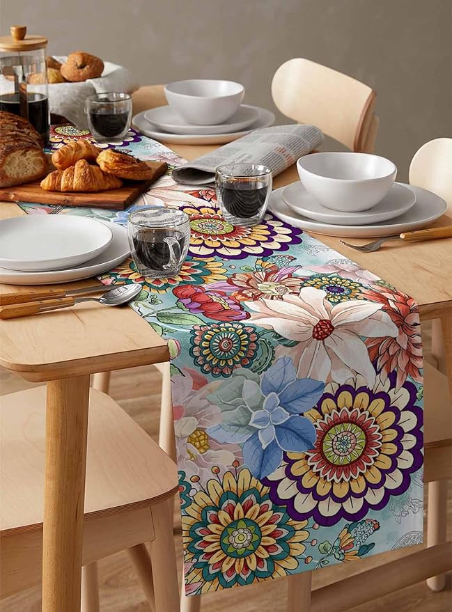 Boho Flowers Cotton Linen Table Runner for Dining Kitchen, Wedding Outdoor Party Tablerunners Decoration, Colorful Floral Farm Vintage Botanical Dresser Scarf Coffee Tablecloth Runners 13x90 Inches