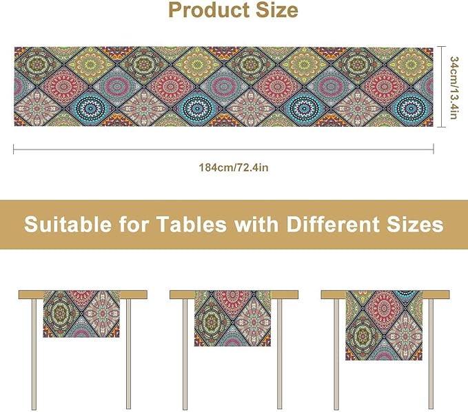 Boho Bohemian Table Runner, Vintage Indian Floral Print Table Cover for Farmhouse Kitchen Dining Table Decor Holiday Party, 13x70inch