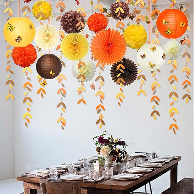 Banners Fall Party Decor Kit with Paper Fans, Lanterns and Pom Poms