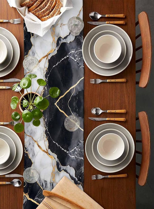 Black White Marble Cotton Linen Table Runner for Dining Kitchen, Wedding Outdoor Party Tablerunners Decoration, Nature Marble Crack Modern Art Dresser Scarf Coffee Tablecloth Runners 13x36 Inches