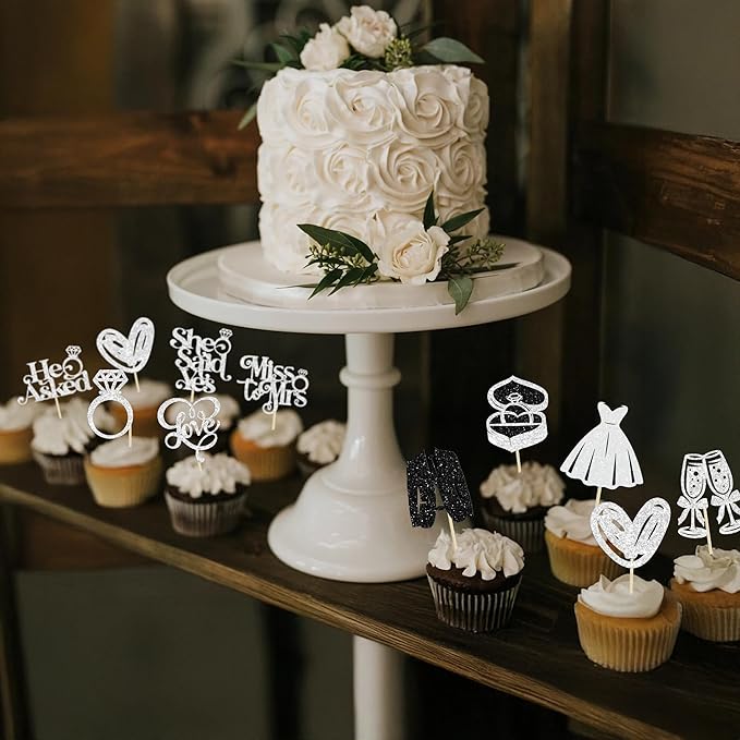 Gyufise 30Pcs She Said Yes Cupcake Toppers Glitter Diamond Ring I Do Love Cupcake Picks Miss to Mrs He Asked Bridal Shower Wedding Engagement Bachelorette Cake Decoration Silver