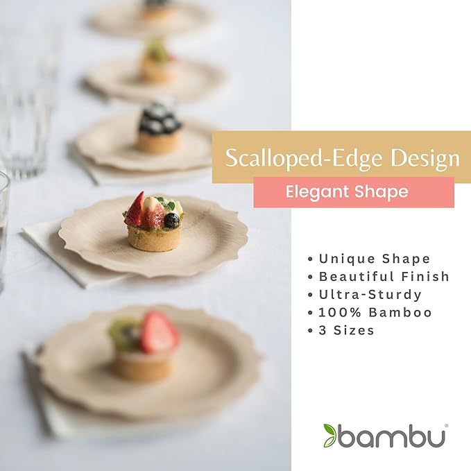 Disposable Bamboo Plates, 11 Inch Scalloped, Pack of 8