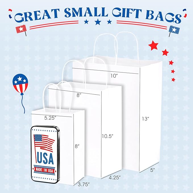 Gift Bags 300 Pack White Kraft Paper Bags with Handles, 8 Inch Tall