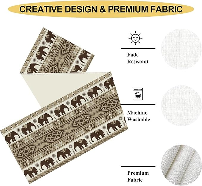 Ethnic Table Runner, Rustic Farmhouse Boho Indian Bohemian Elephant Aztec Tribal Print Beige Table Center Decor for Home Kitchen Dining Patio Holiday Party Indoor Table Decorations, 13"x108" Inch