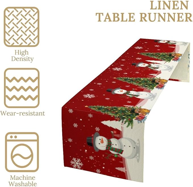 Christmas Table Runner,Snowman Rustic Red Snowflake Winter Table Cloth Kitchen Dining Table Decoration for Home Party Decor 13x90 Inch
