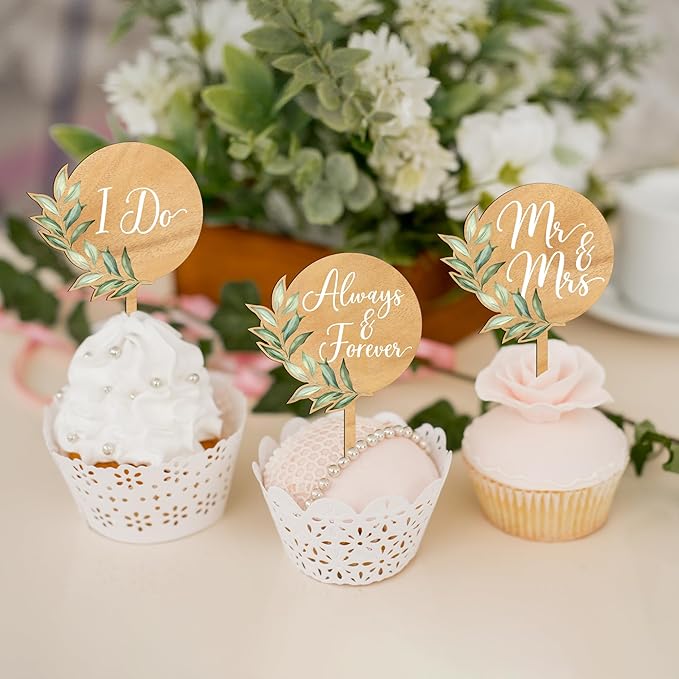 Non-Edible Wood Cupcake Toppers, 36 Count Green Leaf Mr and Mrs Wedding Set