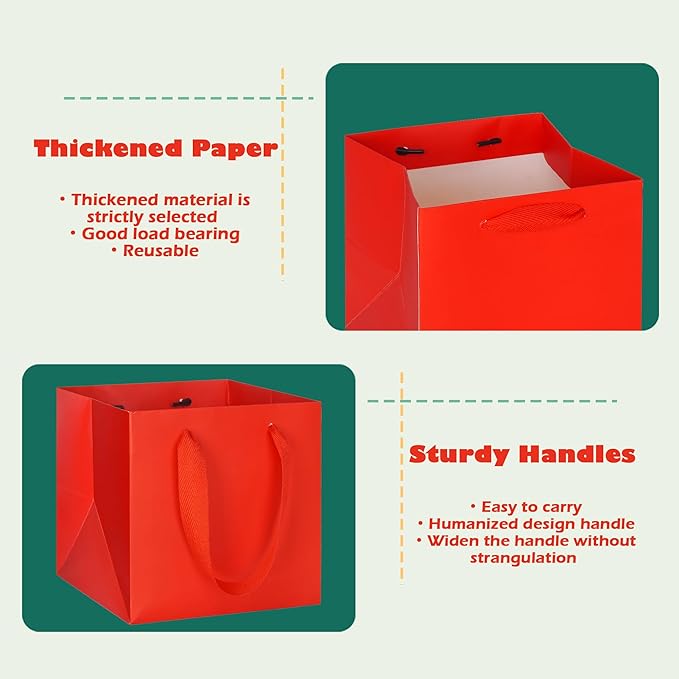 Gift Bags, Red Paper, 12x12 Inch Square Bottom with Handles, Pack of 10