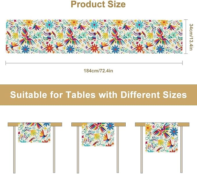 Mexican Table Runner,Boho Colorful Nature Inspired Flowers and Birds Table Cloth Kitchen Dining Table Home Party Decoration 13x120 Inch