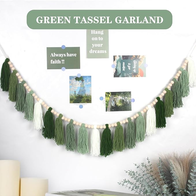 Tassel Garland, 20 Yarn Tassels, 65 Inch, Sage Green Boho Wall Decor