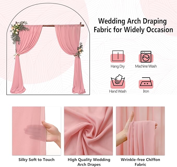 4 Panels Wedding Arch Draping Fabric 28" x 20ft Wedding Arch Drapes Chiffon Fabric Drape Sheer Backdrop Curtain for Weddings Party Ceremony Birthday Arbor Drapery Reception Ceiling Decor(Dusty Rose)