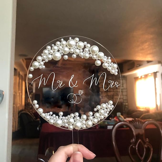 Non-Edible Acrylic Mr and Mrs Cake Topper with Simulated Diamonds and Pearls