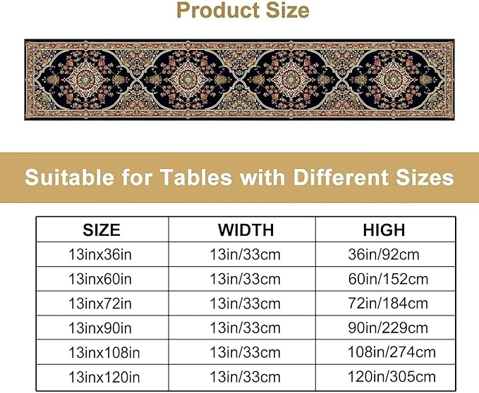 Vintage Boho Floral Table Runner, Rustic Country Farmhouse Black Bohemia Flower Pattern for Home Kitchen Table Decor Dining Cafe Room Wedding Party Decor 13x120in