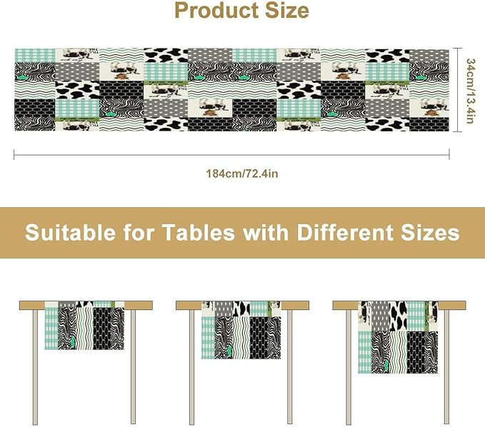 Cute Cow Print Table Runner,Farm Animals Honeycomb Plaid Stripes Cowhide Pattern Tablecloth Burlap for Hotel Indoors Outdoor Dining Room Kitchen Table Decor, 13x90in