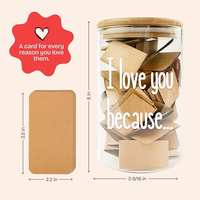 Greeting Cards Love Note Jar with 50 Blank Cards, Glass and Bamboo Lid