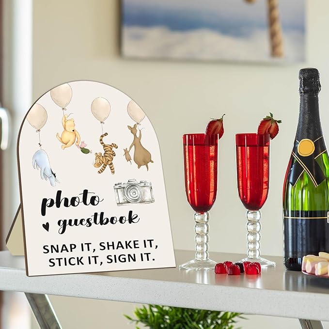 Winnie Wedding Photo Guestbook Sign with Stand, the Pooh Decor Wedding Welcome Sign, Bridal Shower Sign, Baby Shower Party Supplies, Wedding Shower Supplies, Photo Guestbook Wooden Plaque 8 * 10In