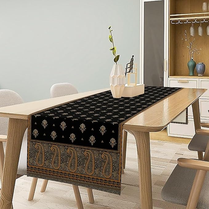 Vintage Paisley Table Runner, Boho Brown Black Flowers Leaves Print Table Runner for Home Dining Kitchen Table Party Wedding Decor, 13x36inch