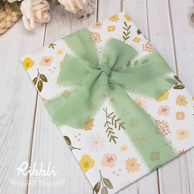 Ribbli Sage Green Chiffon Ribbon 1-1/2 inch x 30 Yard Handmade Fringe Chiffon Sage Silk, Sage for Wedding Invitations, Bridal Bouquets Wrapping, Flower Arrangement Decoration