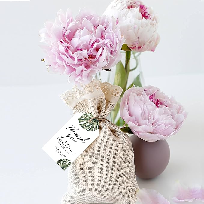 Andaz Press 100-Pack Personalized Thank You for Celebrating with Us Wedding Favor Tags with Bakers Twine Tropical Monstera Leaves Custom Cardstock Wedding Gift Tags for Party Favors 2 x 3.75-Inches
