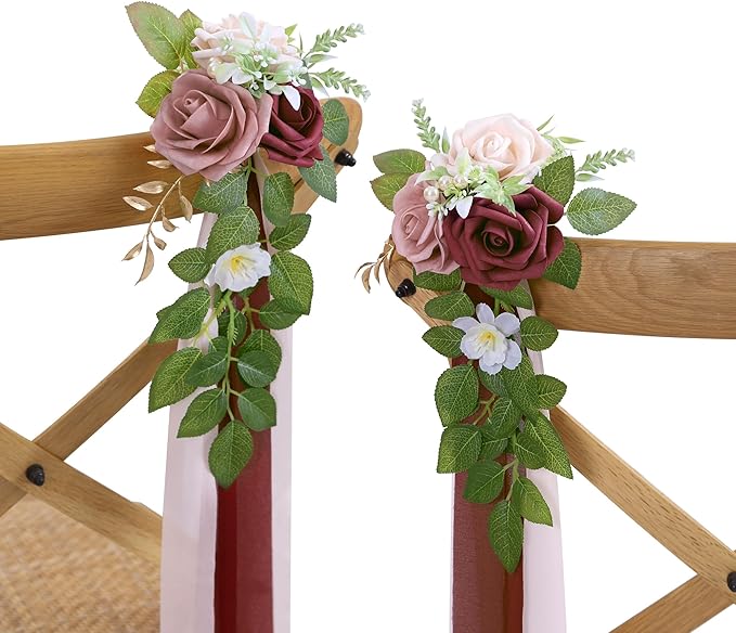 Artificial Flowers for Wedding Aisle with Burgundy Roses and Chiffon Ribbon