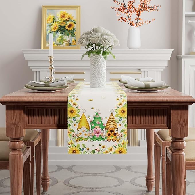 XCHI Yellow White Daisies Flowers Gnomes Spring Table Runner Burlap Table Decoration for Summer Seasonal Home Kitchen Dining Dinner Indoor Holiday Farmhouse Decor 13x72 Inch