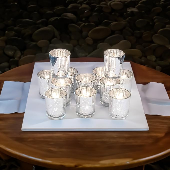 WGV Silver Speckled Tea Light Votive Candle Holder 2.2x2.75, Small Tiny Utility Cylinder Mercury Glass Vase, Home Accent Decor, 6 Pieces