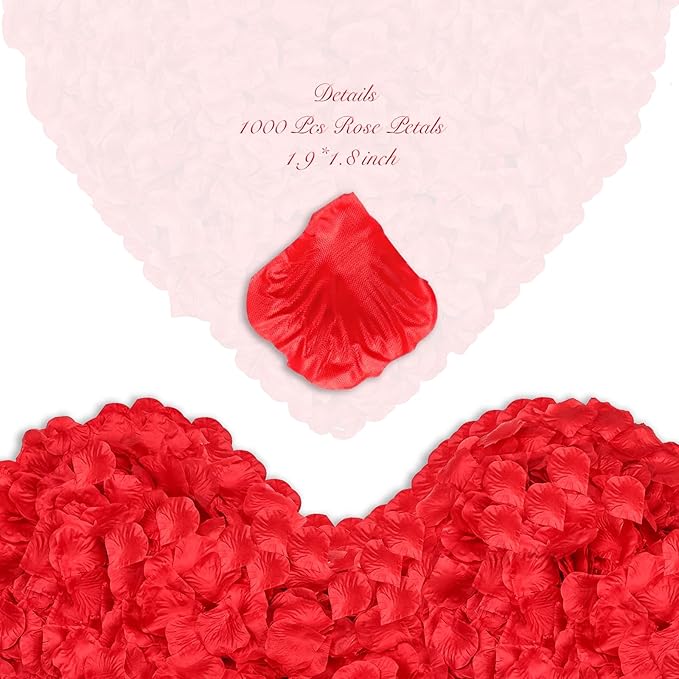 1000Pieces Rose Petals, Artificial Flower Petals Fake Rose Petals Silk Red Rose Petals for Romantic Night,Wedding,Proposal Anniversary Flower Decorations (Red)